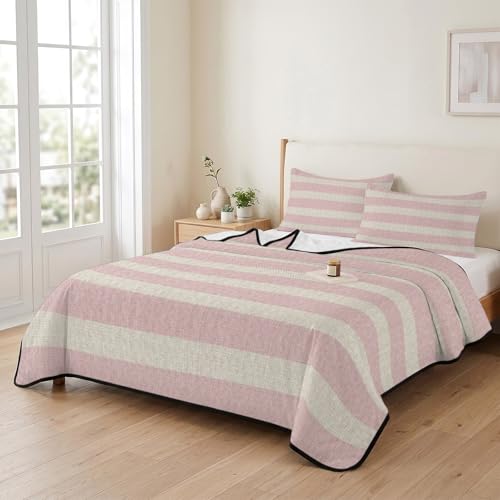 Queen Quilt Bedding Set, Minimalist Ombre Pink Stripes Lightweight Coverlet Summer Comforter Set Soft Microfiber Bedspread, Vintage Linen Texture 3 Piece Quilt Set with 2 Pillow Shams All Seasons Use - color: Pink, size: 90x96in