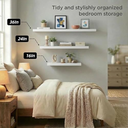 SAUMONIERES Floating Shelves Wall Shelf Solid Wood for Bathroom Bedroom Kitchen Set of 3, White Wall Shelves - color: White, size: 16 Inch-3 shelves