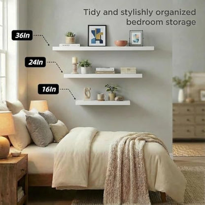 SAUMONIERES Floating Shelves Wall Shelf Solid Wood for Bathroom Bedroom Kitchen Set of 3, White Wall Shelves - color: White, size: 16 Inch-3 shelves