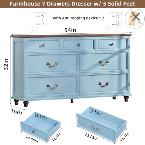 Joaxswe Farmhouse 54" 7 Drawers Dresser for Bedroom, Wide Wood Chest of Drawers w/ 4 Wooden Legs, Vintage Large Storage Dressers Organizer for Hallway, Rustic TV Stand for Living Room, Light Blue - color: Light Blue, size: 16"D x 54"W x 32"H (7 Drawers)