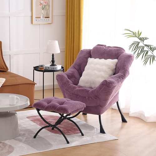 Lazy Chair with Ottoman, Plush Reading Chair with Pillow，Purple | Removable machine-washable cover; includes an extra throw pillow; cozy accent chair for living room, bedroom, dorm or office - color: Plush Purple