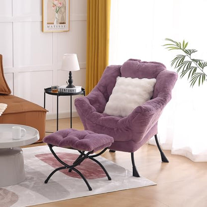 Lazy Chair with Ottoman, Plush Reading Chair with Pillow，Purple | Removable machine-washable cover; includes an extra throw pillow; cozy accent chair for living room, bedroom, dorm or office - color: Plush Purple