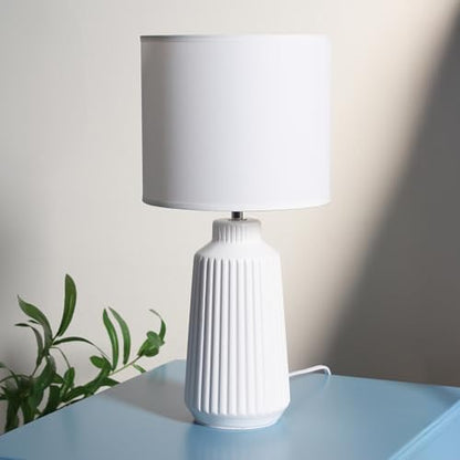 Simple Designs LT1169-OFF 15.94" Glow & Flow Minimalist Grooved Ceramic Table Lamp, Monochromatic Fabric Shade, Textured Accent Lighting, for Bedroom, Office, Living Room, Off-White - color: Off-White