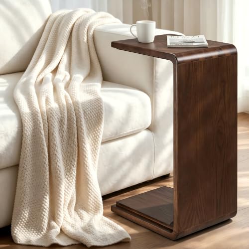 Solid Wood C Shaped Sofa Side Table, Small End Table for Couch, Modern Simple Narrow Table for Small Spaces, Mini Coffee Table for Living Room, Bedroom, Bedside (Walnut) - color: Walnut