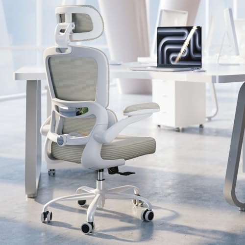 TRALT Ergonomic Office Chair Desk Chair with Adjustable Lumbar Support | Home Office Desk Chairs with Flip-up Armrests & 3D Headrest - Mesh Gaming Chairs for Adults, 330lbs, PU Leather (Beige, 1) - color: Beige, size: Pack of 1