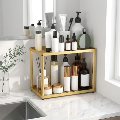 2 Tier Bathroom Counter Organizer, Rectangular Vanity Organizer Shelf, Skincare and Makeup Countertop Storage Rack for Kitchen, Bathroom, Bedroom (Gold) - color: Gold