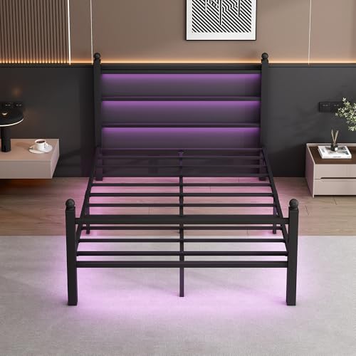 CLIBFENG Queen Size Bed Frame with Headboard and Footboard,Steel Slats Support-LED Bed Frame with USB Charging Station,Mattress Foundation-Under Bed Storage,No Box Spring Needed,Noise Free,Black - size: Queen, style: Black