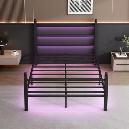 CLIBFENG Queen Size Bed Frame with Headboard and Footboard,Steel Slats Support-LED Bed Frame with USB Charging Station,Mattress Foundation-Under Bed Storage,No Box Spring Needed,Noise Free,Black - size: Queen, style: Black
