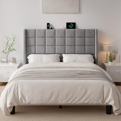 Ergonomic Upholstered Headboard Queen Size w/Charging Station, Linen Wingback Headboards w/Storage Pocket, Queen Headboard Only, Bed Frame Adapters, Sturdy Stable Solid Wood Bed Head Board, Light Grey - color: Gray, size: Queen
