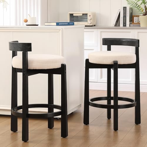 HEAH-YO Mid Century Modern Bar Stools Set of 2, 26.5" Counter Stools with Low Back, Linen Upholstered Barstools with Black Wood Legs Bar Chairs for Kitchen Island Dining Room, Beige - color: 26.5" Beige Linen Black Wood, size: Counter Height - Set of 2