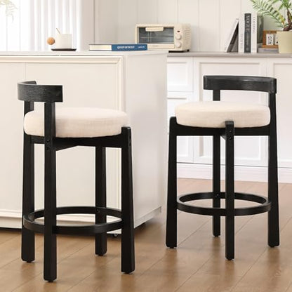 HEAH-YO Mid Century Modern Bar Stools Set of 2, 26.5" Counter Stools with Low Back, Linen Upholstered Barstools with Black Wood Legs Bar Chairs for Kitchen Island Dining Room, Beige - color: 26.5" Beige Linen Black Wood, size: Counter Height - Set of 2
