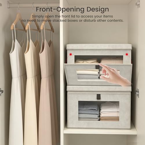 Magnetic Front Opening Fabric Storage Bins with Lids,16.5x11.8x11 in,4Pack | Domsanistor 35L Storage Box with Window for Closet, Shelf, Living Room,Beige - size: 16.9 Inch - 4 Pack