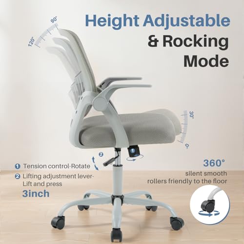 DUMOS Office Chair, Ergonomic Home Desk Chair, Ergonomic Lumbar Support | Height Adjustable, Flip-up Armrest, Rocking Mode, 360 Swivel, Conference Room, Grey - color: Grey Flip Arm
