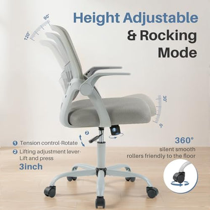 DUMOS Office Chair, Ergonomic Home Desk Chair, Ergonomic Lumbar Support | Height Adjustable, Flip-up Armrest, Rocking Mode, 360 Swivel, Conference Room, Grey - color: Grey Flip Arm