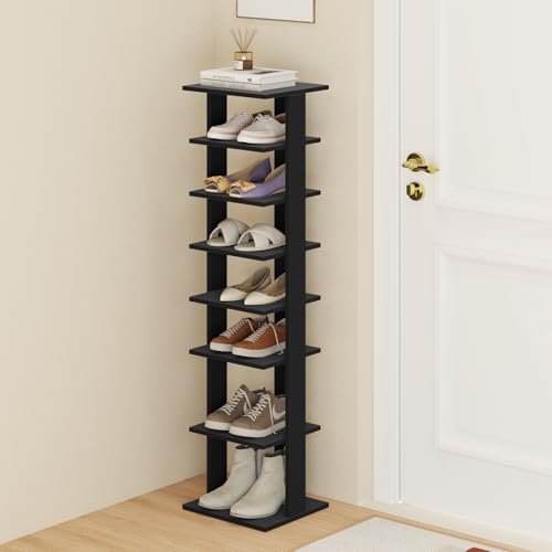 Tangkula 8-Tier Vertical Shoe Rack, Space-Saving Corner Shoe Organizer for 7 Pairs, Narrow Shoe Storage for Entryway, Front Door, or Closet - color: Black, size: 10" x 11" x 43.5"