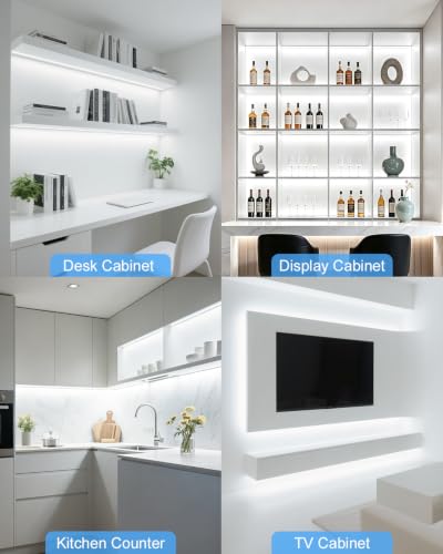 32.8FT Under Cabinet Light Strip Dimmable 11-in-1 COB LED Strip Cold White | 12V 100W 2 Rolls of 16.4ft,Adhesive Cuttable BookShelf Lighting kit,with Hand-Sweep Switch LED Shelf Lights,for Display Case - color: Cold White, size: 10M