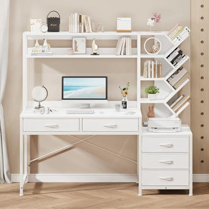 52" Computer Desk with Bookshelf, 5 Drawers ＆ Hutch for Bedroom | White Office Desk with Printer Shelf, Study Writing Desk with Storage Shelves - color: White