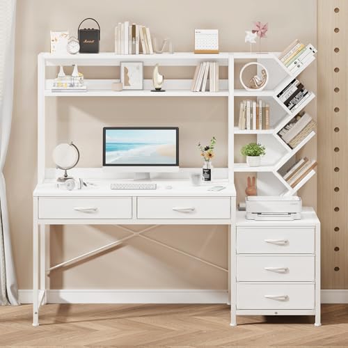 52" Computer Desk with Bookshelf, 5 Drawers ＆ Hutch for Bedroom | White Office Desk with Printer Shelf, Study Writing Desk with Storage Shelves - color: White