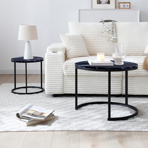 24" Marble Pattern Accent Side Table, Modern Nesting Side Tables with Metal Frame, Space-Saving Nesting Coffee Table Set for Living Room Apartment, Black - color: Black