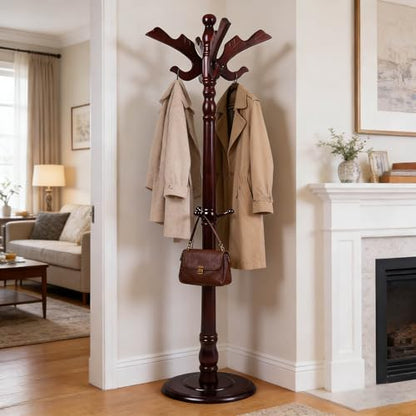 Wooden Coat Rack Freestanding with 11 Hooks, Adjustable Height Coat Tree Free Standing Heavy Duty for Entryway, Easy Assembly Solid Wood Sturdy Coat Hats Hanger Stand for Office Hallway Bedroom - color: Redwood-Solid Wood Hook A