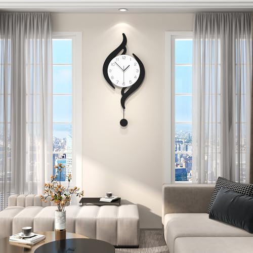 Modern Wall Clocks Battery Operated Large Decorative Wall Clock | Analog Silent Non-Ticking Black Iron Pendulum Clock for Living Room Kitchen Bedroom Farmhouse Office Decor 12.5x27.5inch - size: 12x27 in