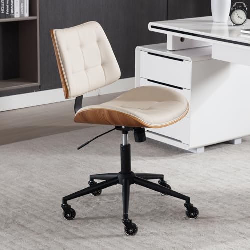 Home Office Desk Chair with Rubber Wheels, Armless Bentwood, Beige | Adjustable Height Armless Office Chair, PU Leather Mid Back 360°Small Computer Chair, No Arms Walnut Seating, 300LBS Support - color: Beige, size: Standard Style