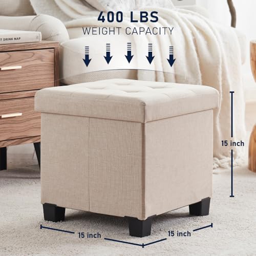 Ornavo Home 15" Square Folding Storage Ottoman Cube with Legs, Beige | Small Linen Storage Ottoman; Fits Compact Spaces; Ideal for Bedroom or Living Room