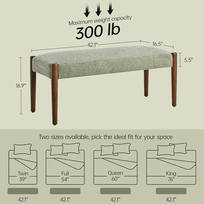 Usaint 42" End of Bed Bench with Wood Legs, Green with Walnut Leg | Modern Upholstered Bedroom Bench with Rubberwood Legs, Entryway Bench with Cushion, Dining Bench for Living Room, Bedroom - color: Green With Walnut Leg