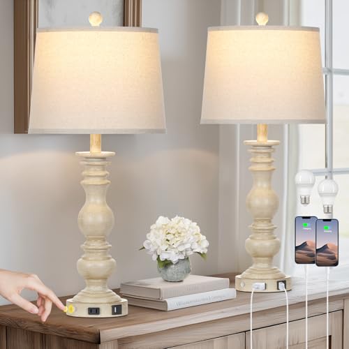 28" Farmhouse Table Lamps Set of 2 with USB C+A Ports & AC Outlet for Vintage Living Room Retro Bedroom,3-Way Dimmable Touch Lamp Resin Bedside Lamps for Nightstand Side End Table, Beige - color: Beige