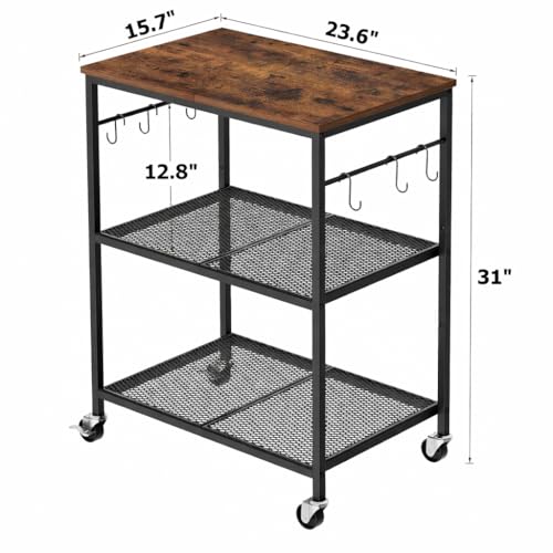 Homleke 3-Tier Rolling Kitchen Microwave Cart, Utility Cart | Coffee Bar Table Station with 6 Hooks, Small Appliance Storage Shelf, Rustic Brown and Black - color: Rustic Brown and Black