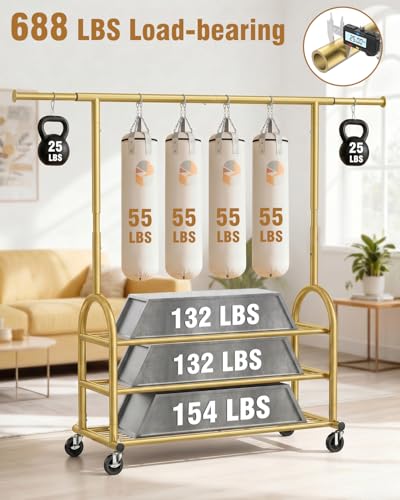Heavy Duty Clothes Rack for Hanging Clothes Load 688 LBS, Height Adjustable Rolling Clothing Racks, Portable Metal Coat Rack Garment Wardrobe with Wheels and 3 Shelves for Bedroom, Gold - color: Gold, style: 3 Shelves