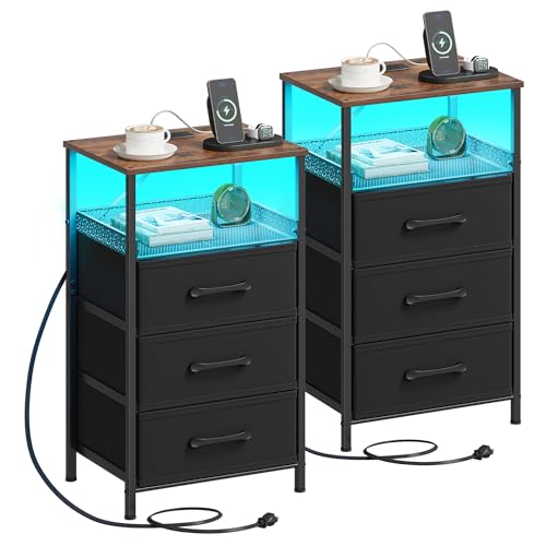 JARHETUN Night Stand Set 2 with Charging Station, 3 Drawer Nightstands with LED Lights, End Table with Outlets and USB Ports, Side Table with Open Shelf, Bedside Tables for Bedroom, Rustic Brown - color: Rustic Brown, style: Power & LED