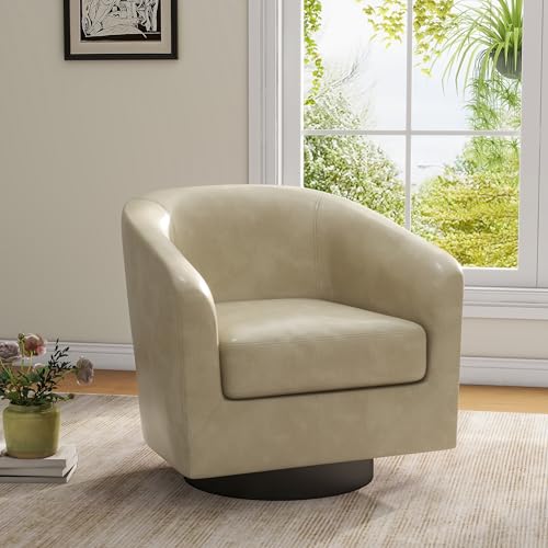 Swivel Accent Chair, PU Leather Upholstered Barrel Club Chair, Cream | Modern Round Armchair | Comfy Reading Seat with Removable Cushion | For Living Room, Bedroom, Office - color: Cream