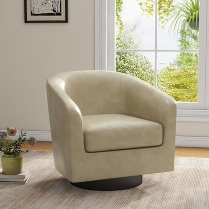Swivel Accent Chair, PU Leather Upholstered Barrel Club Chair, Cream | Modern Round Armchair | Comfy Reading Seat with Removable Cushion | For Living Room, Bedroom, Office - color: Cream