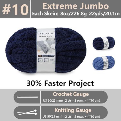 Cozyful Chunky Yarn for Hand Knitting - #10 Chunky Chenille Yarn, Jumbo Big Thick Chunky Yarns for Crocheting, Super Bulky Chunky Knit Blanket Yarns, 8 Skein (22yd, 8oz/Skein), Country & Navy - color: Country Blue & Navy