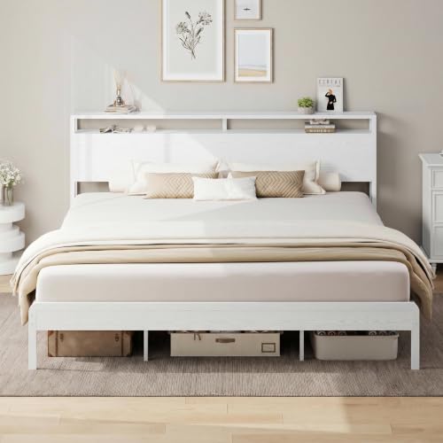 LIKIMIO King Size Bed Frame with 2-Tier Storage Shelf Headboard | Wood Platform Bed, Camas King with Strong Metal Supports, Sturdy, Noise-Free, No Box Spring Needed, White - color: White, size: King