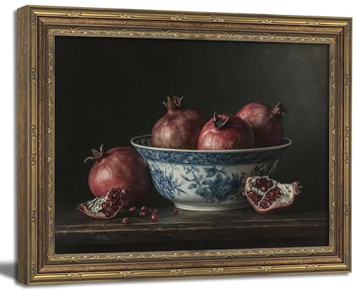 Gold Framed Wall Art Vintage Pomegranate Still Life Wall Art Fall Red Fruit Wall Decor Picture Rustic Farmhouse Autumn Kitchen Poster Print Country Cottage Gallery Aesthetics Decoration 9x11in - color: Pomegranate, size: 11"l X 9"w