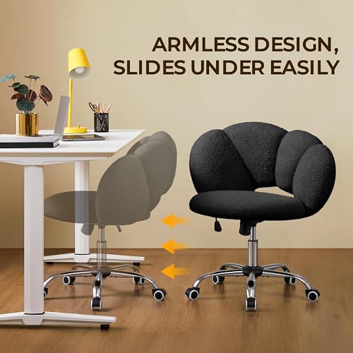 Yaheetech Black Petal Boucle Makeup Vanity Desk Chair with Wheels, Swivel | Soft foam-padded boucle fabric fits vanity, bedroom, office or sewing desks; adjustable height, swivel wheels, fast assembly. - color: Black