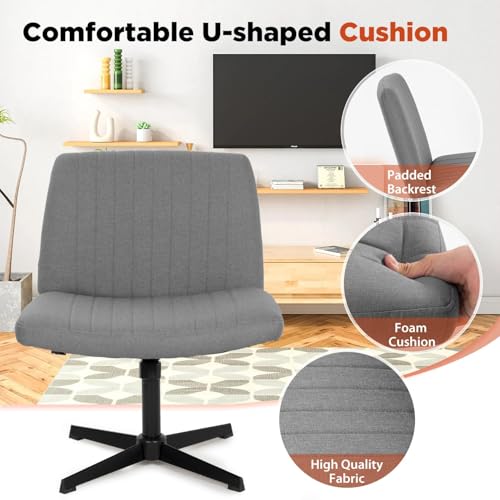 Criss Cross Chair, Armless Cross Legged Office Chair, Comfortable Vanity Chair with Back, Fabric Adjustable Wide Swivel Criss Cross Desk Chair for Home Office, Grey - color: Grey