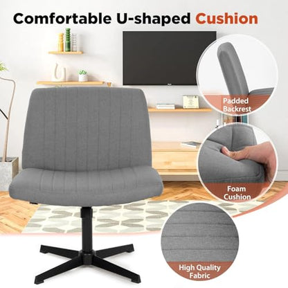 Criss Cross Chair, Armless Cross Legged Office Chair, Comfortable Vanity Chair with Back, Fabric Adjustable Wide Swivel Criss Cross Desk Chair for Home Office, Grey - color: Grey