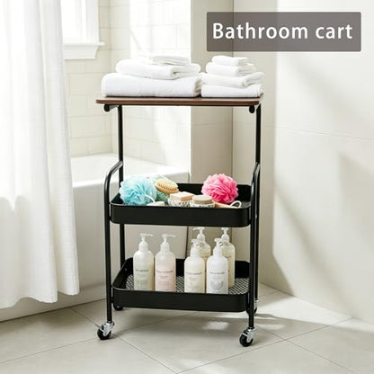 3-Tier Metal Rolling Utility Cart with Walnut-Textured Top on Wheels Craft Cart and Side Table for Bedside, Kitchen, Office, Bathroom & Craft Room