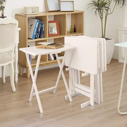 HomeStock Antique 5-Piece Solid Wood Folding Tray Table Set with Storage Stand 4 Durable TV Tables for Living Room or Snacks, 19" x 14.75" x 25.5" White - color: White