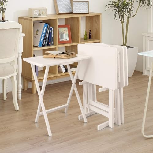 HomeStock Antique 5-Piece Solid Wood Folding Tray Table Set with Storage Stand 4 Durable TV Tables for Living Room or Snacks, 19" x 14.75" x 25.5" White - color: White