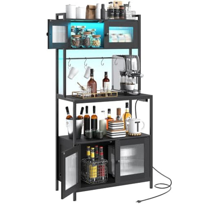 HOOBRO Bakers Rack with Storage Cabinet, 5-Tier Coffee Bar with Power Outlet and LED Lights, Industrial Microwave Oven Stand with Shelves, Kitchen Storage Shelf with Cabinet, Black BB13UDHB01 - color: Black