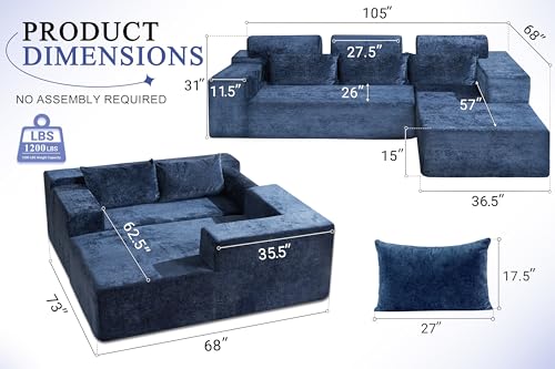 105" L-Shape Modular Sectional Sofa Couch for Living Room,No Assembly Required,Modular Comfy Sofa with Deep Seat for Living Room Bedroom,Luxury Distressed Velvet(Right,Blue) - color: Velvet Blue, size: 105"Right Facing