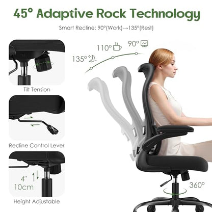 Office Chair Ergonomic Desk Chair - Comfy Mesh High Back Office Chair with Lumbar Support Wheel Home Desk Office Chairs Flip up Armrest Executive Rolling Swivel Task Computer Chair Black Silver - color: Black Silver