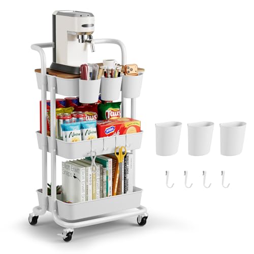 3 Tier Rolling Cart with Table Top, Utility Cart with Lockable Wheel | Hooks & Cup Holders, Multifunctional Rolling Storage Cart for Kitchen, Bathroom, Office, Bedroom, Craft, Living Room (White) - color: White