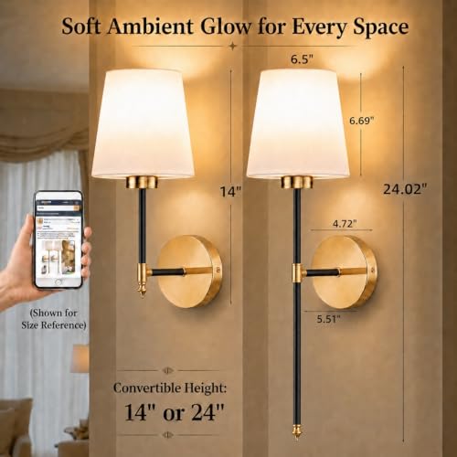 IRONPAX Wall Sconces Battery Operated Set of 2, Wireless Rechargeable Wall Sconce Set of Two, Dimmable Wall Lights with Remote for Bedroom Living Room Hallway Decor (Black-Gold, Fabric Shade) - color: Black-Gold