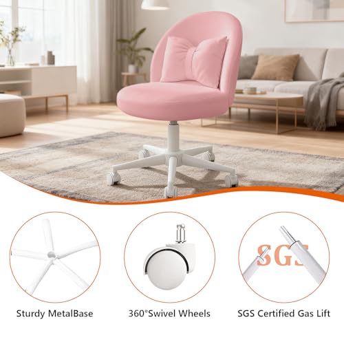 Desk Chair with Soft Cushion, Adjustable Height Armless Office Chair Upholstered Makeup Vanity Chair, Swivel Accent Chair for Living Room, Bedroom, Study, Home Office - color: Solid Pink