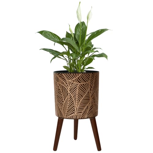 12inch Black Plant Pots for Indoor Plants Large Boho Flower Pot with Stand | Modern Planters with Gold Floral Embossed Standing Planter with Drainage for Living Room, Office, Garden or Balcony - color: White and Gold Leaf, size: 12 Inches